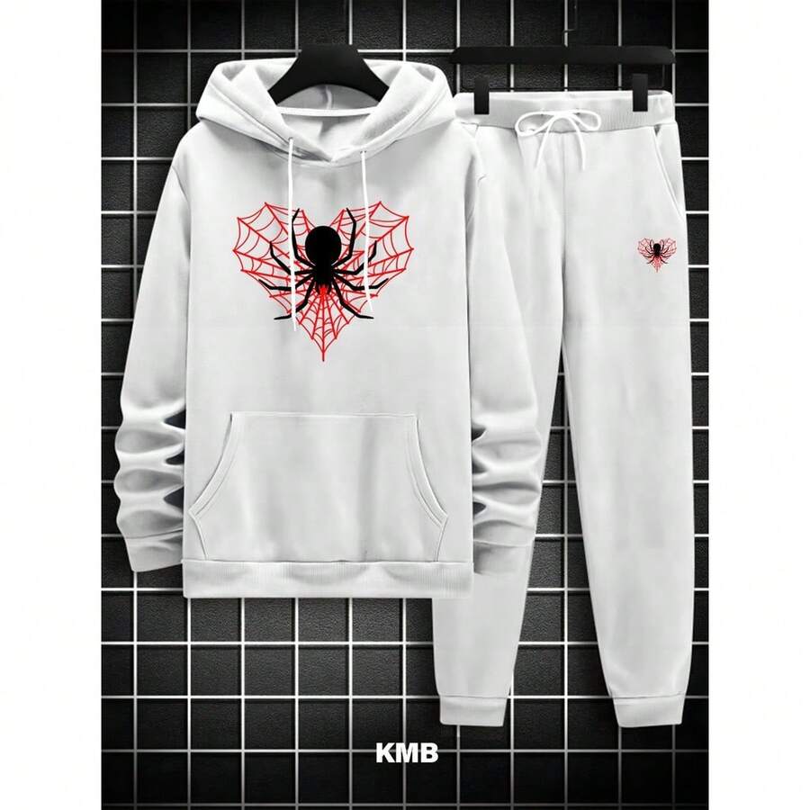 Spider Heart Adult Sweatshirt Set Kangaroo Cold Weather Top And Pants With Pocket Hood Top - 白色 - 查看 1