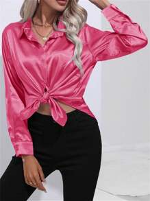 Women's Casual Turn-Down Collar Button Silky Satin-Faced Pique Long Sleeve Blouse - 玫紅色 - 查看 5