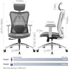 SIHOO M18 Ergonomic Office Chair For Big And Tall People Adjustable Headrest With 2D Armrest Lumbar Support And PU Wheels Swivel Tilt Function Black - 灰框灰網 - 查看 3