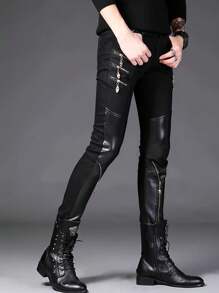 Punk Skull Zipper Stage Performance, Biker Faux Leather Patchwork Slim-Fit Skinny Pants For Men - Black - View 1