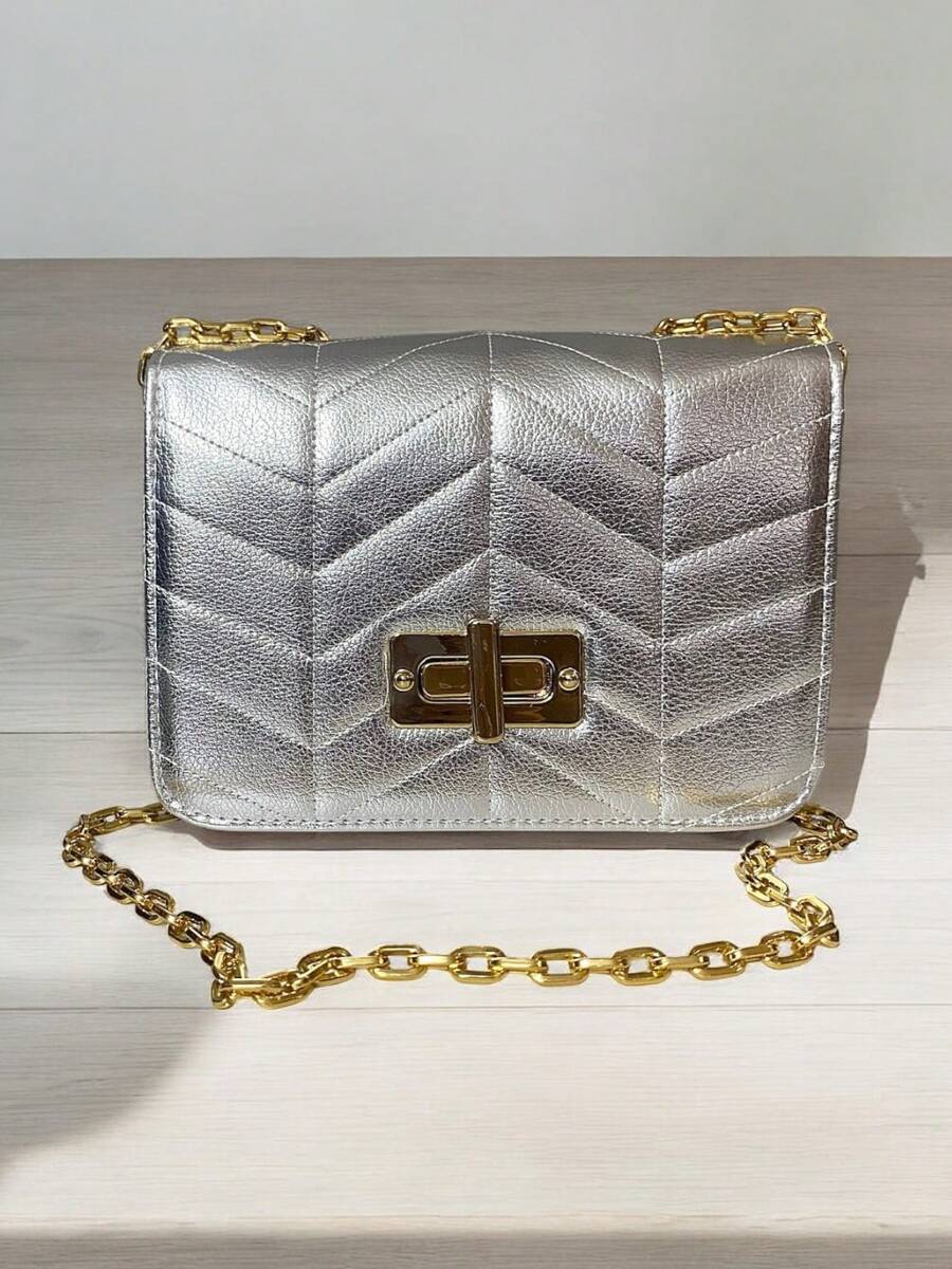 Women's Crossbody Bag With Chain Strap, Fashionable Embroidered Party - Bạc - Xem 1