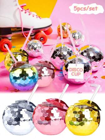 5 件银色、金色、玫瑰色迪斯科球杯，带盖和可重复使用吸管的迪斯科派对杯闪光球鸡尾酒杯，不倒翁迪斯科闪光单身派对杯装饰闪光鸡尾酒球杯球形带盖和吸管适用于派对夜总会酒吧用品葡萄酒饮用糖浆茶瓶，Y2k 酷炫装饰，非常适合单身派对、新娘送礼会、婚礼、生日鸡尾酒装饰、圣诞节万圣节派对装饰、圣诞节