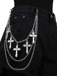 Curea de talie cu lanț metalic cu pandantiv cruce, curea Skort hiphop versatilă la modă pentru femei, potrivită pentru purtare zilnică vara, școala toamna, toamna, Halloween - Argint - Vizualizare 1