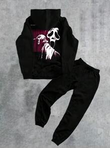 Conjunto de moletom masculino casual moderno com estampa de fantasma e letras de Halloween 2 peças - Preto - Ver 2