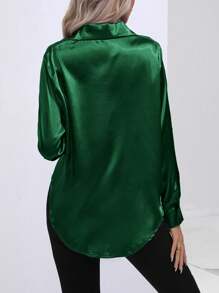 Women's Casual Turndown Collar Button Faux Silk Satin Poplin Solid Long Sleeve Blouse,Long Sleeve Tops - Dark Green - View 2