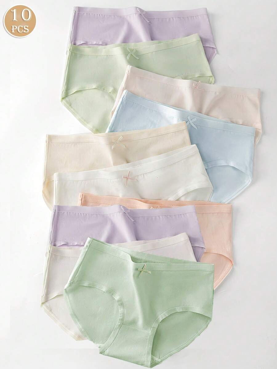 Teen Girl 10pcs Basic Style Bow Decor Solid Color Panties