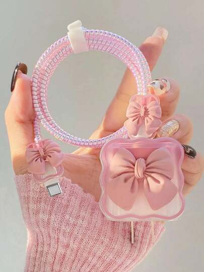 5pcs/Set Bow-Knot Ombre Charging Cable Protector, Ombre Pink Charger Protection Cover 1.5m Laser Cable Winder, Cable Organizer, Compatible With Apple 12/13/14 20W Fast Charging Cable Charger Protector
