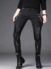 Punk Skull Zipper Stage Performance, Biker Faux Leather Patchwork Slim-Fit Skinny Pants For Men - Black - View 6