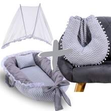 MeF Mae e Filho Baby Crib Reducer Nest Kit + Breastfeeding Pillow + Removable Portable Mosquito Net - 灰色雪佛龍 - 查看 1
