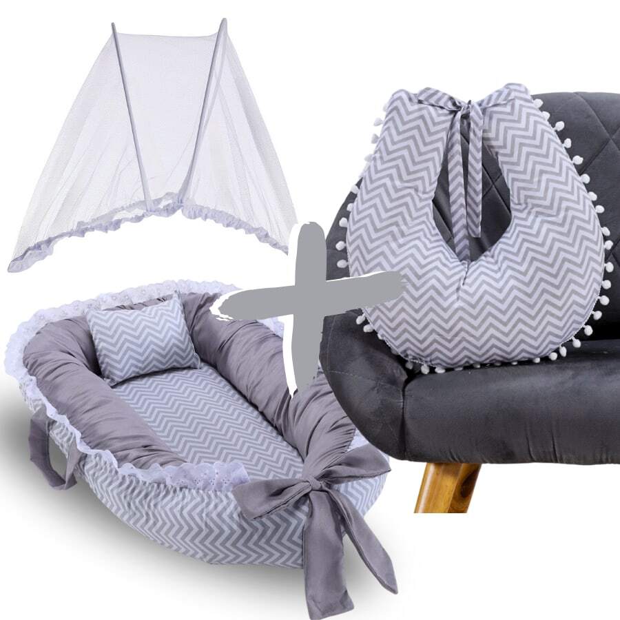 MeF Mae e Filho Baby Crib Reducer Nest Kit + Breastfeeding Pillow + Removable Portable Mosquito Net - 灰色雪佛龍 - 查看 1