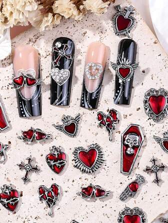 22 piezas Decoraciones de arte de uñas de la serie retro de Halloween con forma de calavera, cruz y corazón - Suministros DIY para uñas, dijes y gemas para uñas