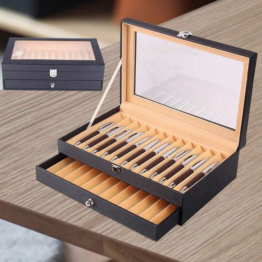 Futchoy 24 Fountain Pen Display Case Holder Leather Storage Collectible Organizer Box Drawer Collection Box For Pens Ballpoint Pen Pen Holder 30cm X 20cm X 9.5cm - màu đen - Xem 1