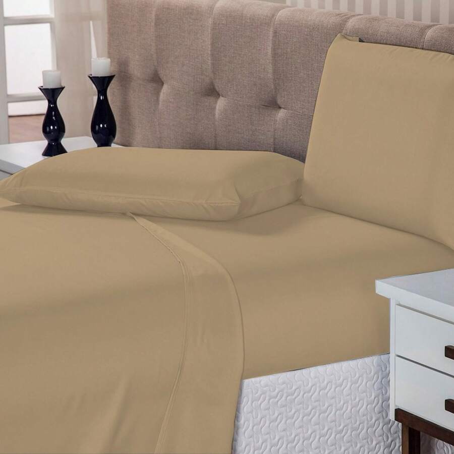 Double Bed Set 4 Pieces Fitted Sheet 1.38 X 1.88 X 0.30 + Top Sheet 2.20 X 2.40 + 2X Pillowcase 150 Thread Count Mattress Box - 米色148 - 查看 1
