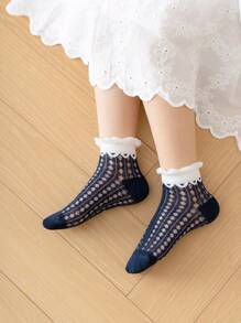 5 pares de calcetines con patrones aleatorios para niñas/niños/bebés, de bicolor, unicolor, encaje, volantes, orejas 3D, moño de dibujos animados, floral, lunares, aptos para primavera/verano, combinación diaria, casual lindo, moda sencilla, vuelta al colegio