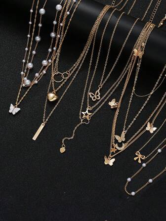 3/6/7/9/10/11/12 件简约链条仿珍珠蝴蝶结心形蝴蝶结项链套装，适合女士，适合度假、约会、朋友、姐妹、圣诞节礼物、休闲搭配