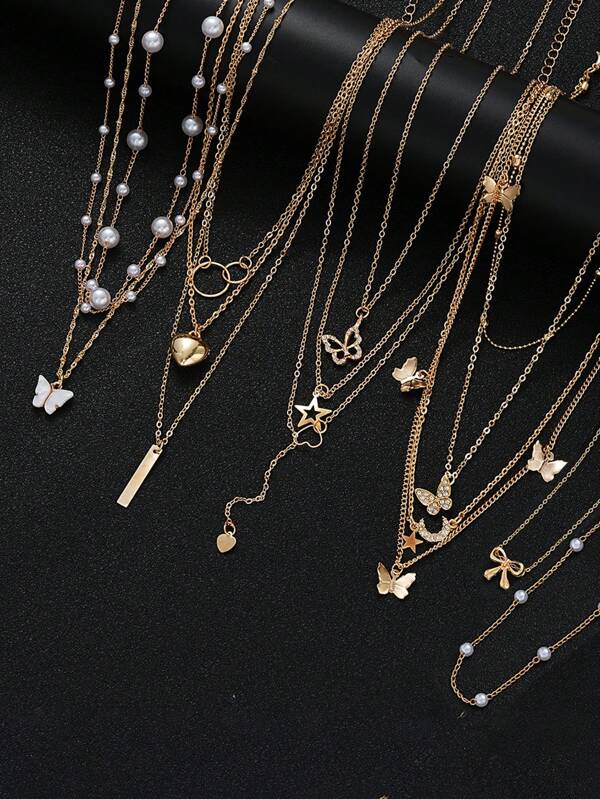 3/6/7/9/10/11/12pcs Simple Chain Faux Pearl Butterfly Heart Bow Necklace Set For Women, Suitable For Vacation, Dates, Friends, Sisters, Christmas Gifts, Casual Matching