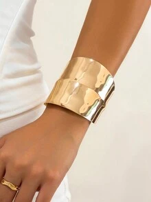 1 件时尚朋克不对称几何金属袖口手镯，女式宽袖厚金色和银色可调节闪亮开口袖口 - 金黃色 - 查看 1