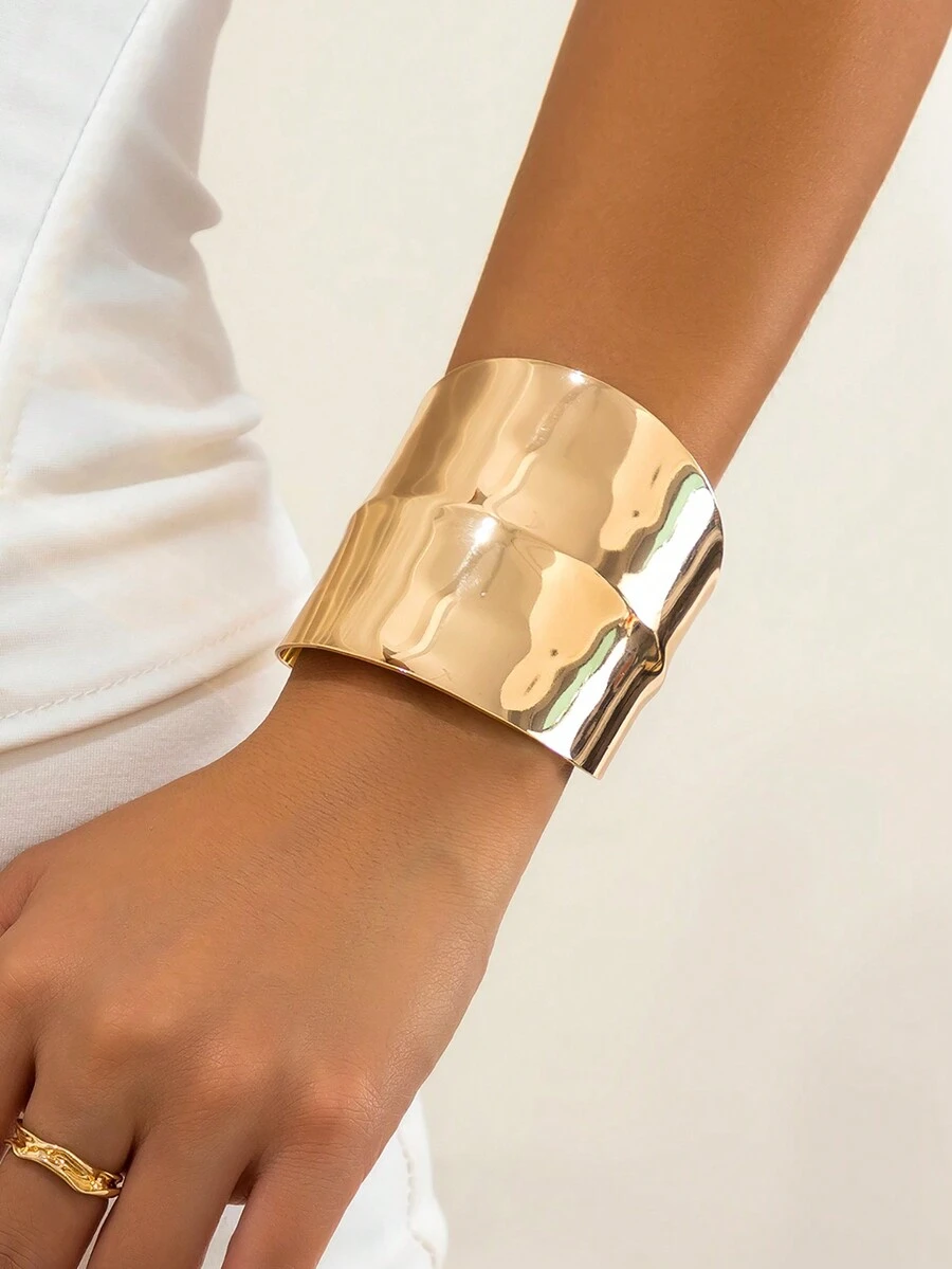 1 件时尚朋克不对称几何金属袖口手镯，女式宽袖厚金色和银色可调节闪亮开口袖口 - 金黃色 - 查看 1