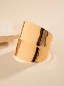 1 件时尚朋克不对称几何金属袖口手镯，女式宽袖厚金色和银色可调节闪亮开口袖口 - 金黃色 - 查看 5