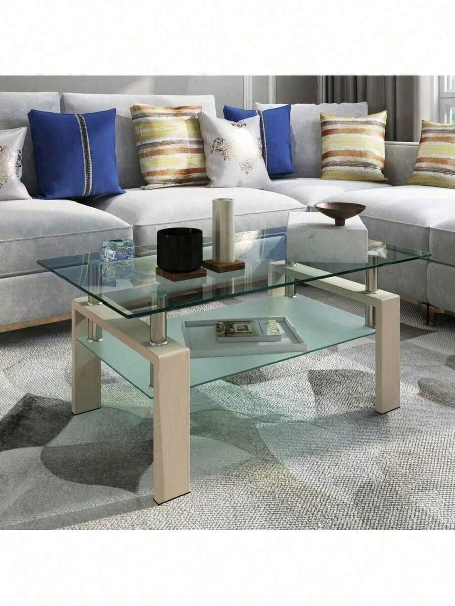 Rectangle Walnut Glass Coffee Table, Clear Coffee Table, Modern Side
