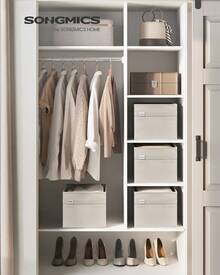 SONGMICS Cajas Almacenaje, Juego de 4 Cubos Almacenaje de Armario, 40 x 30 x 25 cm, 2 Asas, Plegables, Tejido Oxford y Tejido Aspecto Lino, Lavables, Portaetiquetas Metálicos, Gris Paloma/Blanco Nube/Beige Arena - Blanco - Ver 1