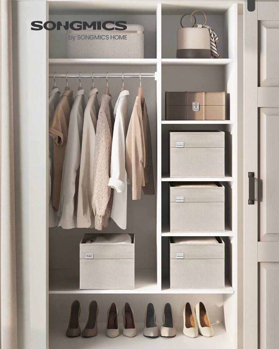 SONGMICS Cajas Almacenaje, Juego de 4 Cubos Almacenaje de Armario, 40 x 30 x 25 cm, 2 Asas, Plegables, Tejido Oxford y Tejido Aspecto Lino, Lavables, Portaetiquetas Metálicos, Gris Paloma/Blanco Nube/Beige Arena - Blanco - Ver 1