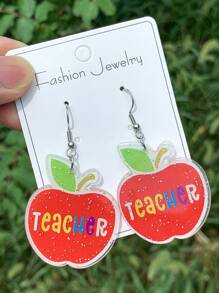 亚克力耳环，“FRIYAY”卡通苹果铅笔书设计，彩色字母，耳钉，甜美优雅风格，教师节礼物 - 教師學生耳環 - 查看 8