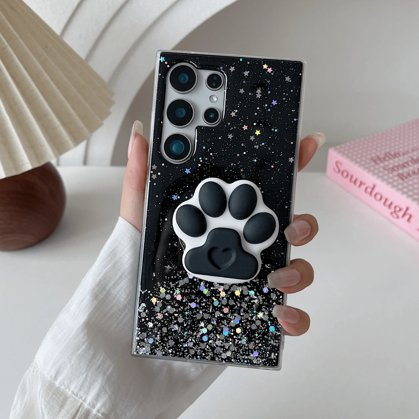 黑色大孔TPU软壳星空闪光DIY可爱猫爪可调节支撑保护壳兼容Apple Iphone11/12/13/14/15/16promax，三星S22 / S23FE / S24U / A55 / A05 / A05s / A34 / A24 / A12 / A13Redmi Note11/12/13pro +，小米13C，OPPO RENO 11F / RENO12，Infinix，华为P30LITE / P70PRO，荣耀90LITE / 70LITE / X8B / X9A，VIVO和其他IPHONE手机壳