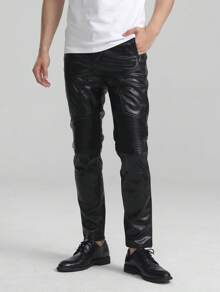 Men's Classical Faux Leather Pants Knees Pleated Casual Pu Slim Fit Trousers