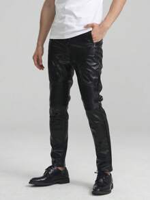 Men's Classical Faux Leather Pants Knees Pleated Casual Pu Slim Fit Trousers