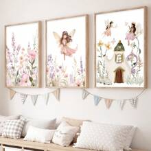 3 件套女孩的仙女印花、仙女墙面艺术、粉色儿童房装饰、女孩儿童房艺术、童话、野花艺术、女孩卧室艺术、帆布墙海报、卧室客厅走廊装饰礼物生日毕业