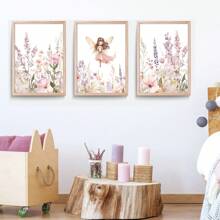 3 件套女孩的仙女印花、仙女墙面艺术、粉色儿童房装饰、女孩儿童房艺术、童话、野花艺术、女孩卧室艺术、帆布墙海报、卧室客厅走廊装饰礼物生日毕业