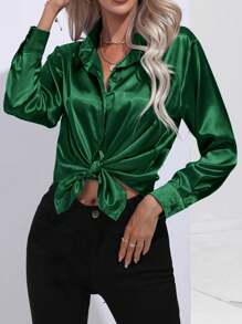 Women's Casual Turndown Collar Button Faux Silk Satin Poplin Solid Long Sleeve Blouse,Long Sleeve Tops - Dark Green - View 4