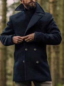 1pc Elegant Long Men's Overcoat For Winter - Navy Blue - View 2