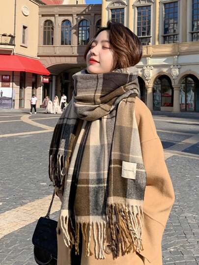 1pc 优雅新款冬季围巾女韩版加厚格子图案围巾一对简约围巾冬季学生围巾保暖柔软冬季户外保暖配饰女