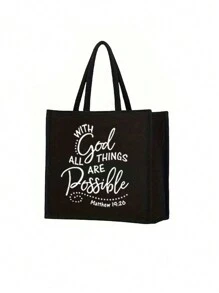 2件套基督教主题黑色手提袋和化妆包套装，度假风格字母设计包袋，适合购物、婚礼、生日、海滩和假日场合。 - 黑色 - 查看 9