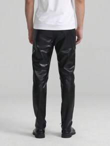 Men's Classical Faux Leather Pants Knees Pleated Casual Pu Slim Fit Trousers