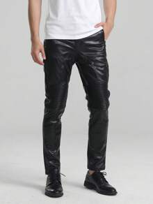 Men's Classical Faux Leather Pants Knees Pleated Casual Pu Slim Fit Trousers