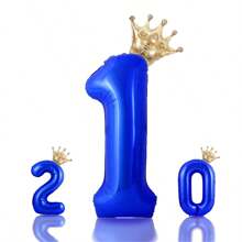 2 个皇家蓝色大号数字和迷你皇冠形状铝箔气球（0-9 可选），带 1 个胶点和 1 根吸管，适用于周年庆典、生日派对、新年装饰、返校情人节 - 寶藍色 - 查看 11