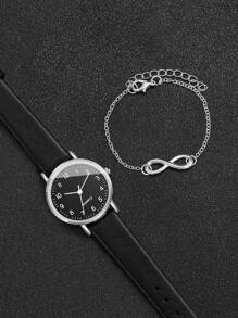 4 件套女士石英表，带数字刻度表盘和 8 字形表链，时尚简约 - 黑與白 - 查看 9