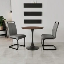 Walnut Circular Dining Table, 31.5 "Tulip Dining Table, Kitchen Dining Table For 2-4 People, MDF Tabletop And Base, And 2 Gray PU Black Metal Leg Dining Chairs Set 2