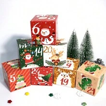 24 piezas/set Calendario de Adviento Caja de regalo de caramelos Cuenta regresiva navideña Caja de regalos con números del 1 al 24 Empaque impreso en 6 lados Se puede colocar en cualquier lugar Hermosa decoración de mesa Caja de papel - Multicolor - Ver 5