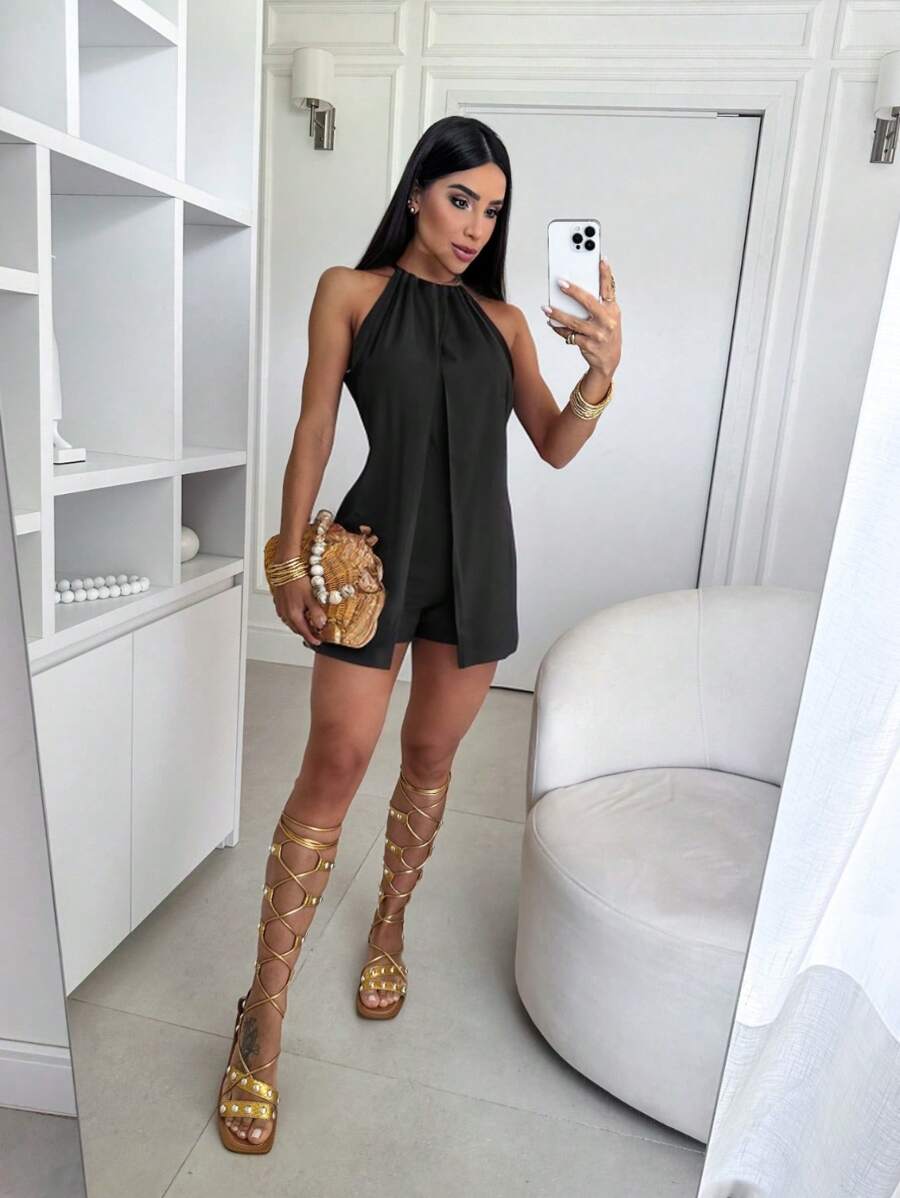 Women's Plain Turtleneck Jumpsuit With Elastic Back - màu đen - Xem 1