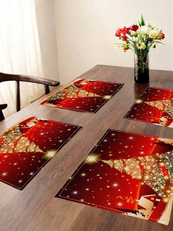 4PCS Árvore de Natal e flocos de neve jogos americanos de linho, resistentes ao calor, antiderrapantes, jogos americanos retangulares para decoração de cozinha e sala de jantar de férias, jogos americanos festivos laváveis à mão e fáceis de limpar