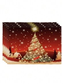 4PCS Christmas Tree And Snowflakes Linen Place Mats Woven, Heat-Resistant, Non-Slip, Rectangle Table Mats For Holiday Kitchen Dining Room Decor, Easy To Clean Hand Washable Festive Placemats - Red - View 5