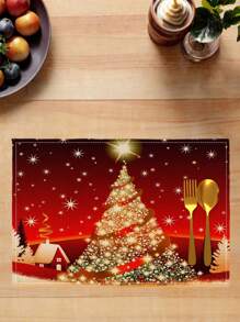 4PCS Christmas Tree And Snowflakes Linen Place Mats Woven, Heat-Resistant, Non-Slip, Rectangle Table Mats For Holiday Kitchen Dining Room Decor, Easy To Clean Hand Washable Festive Placemats - Red - View 3