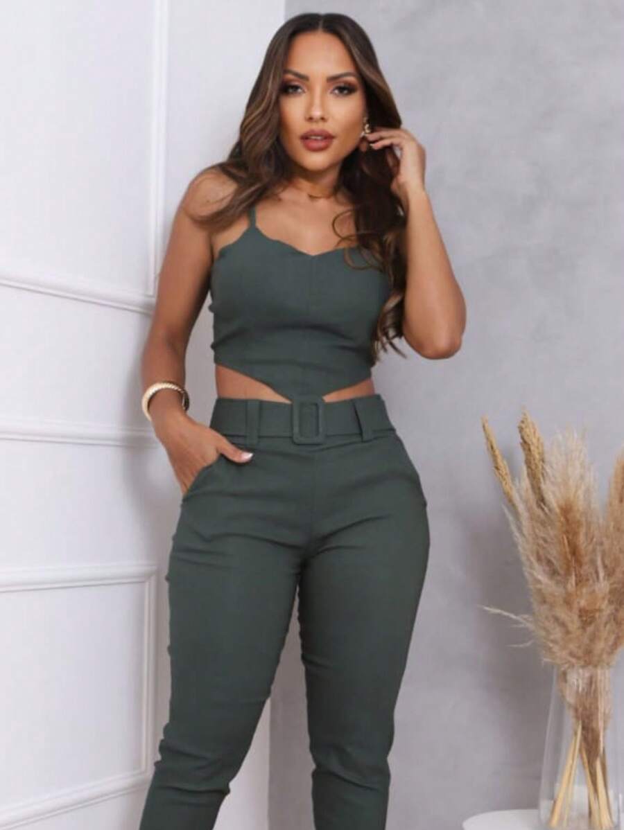 Women's Bengaline Two-Piece Set Luxury Cropped Top And Buckle Belt Pants - 軍綠色 - 查看 1