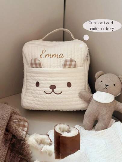 Embroidered Custom Cute Quilted Embroidered Teddy Bear Backpack, Backpack Storage, Lightweight Backpack For Travel