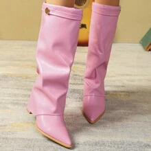 Giày bốt cao gót đế thô Vegan Leather Slip-On cao đến đầu gối - Hồng - Xem 5