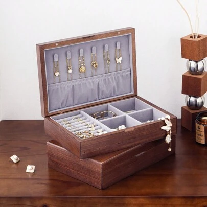 CASEGRACE 1pc Vintage Wooden Jewelry Box, Elegant Large Capacity Wooden Jewelry Box, Pine Wood Jewelry Organizer, For Necklaces, Earrings, Bracelets, Desktop Storage Organizer, Room Decor